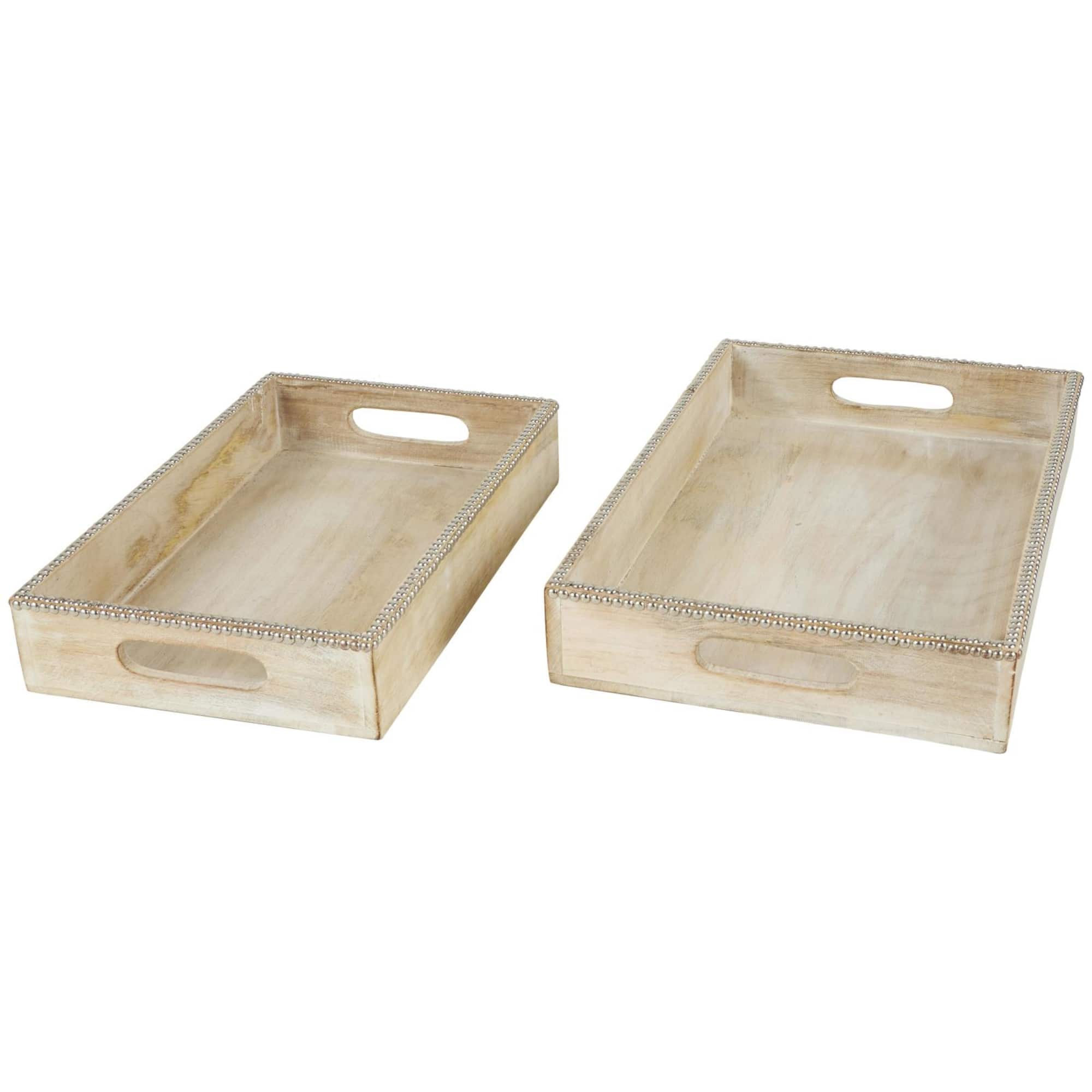 Light Brown Mango Wood Trays with Silver Beaded Rim, 2ct.